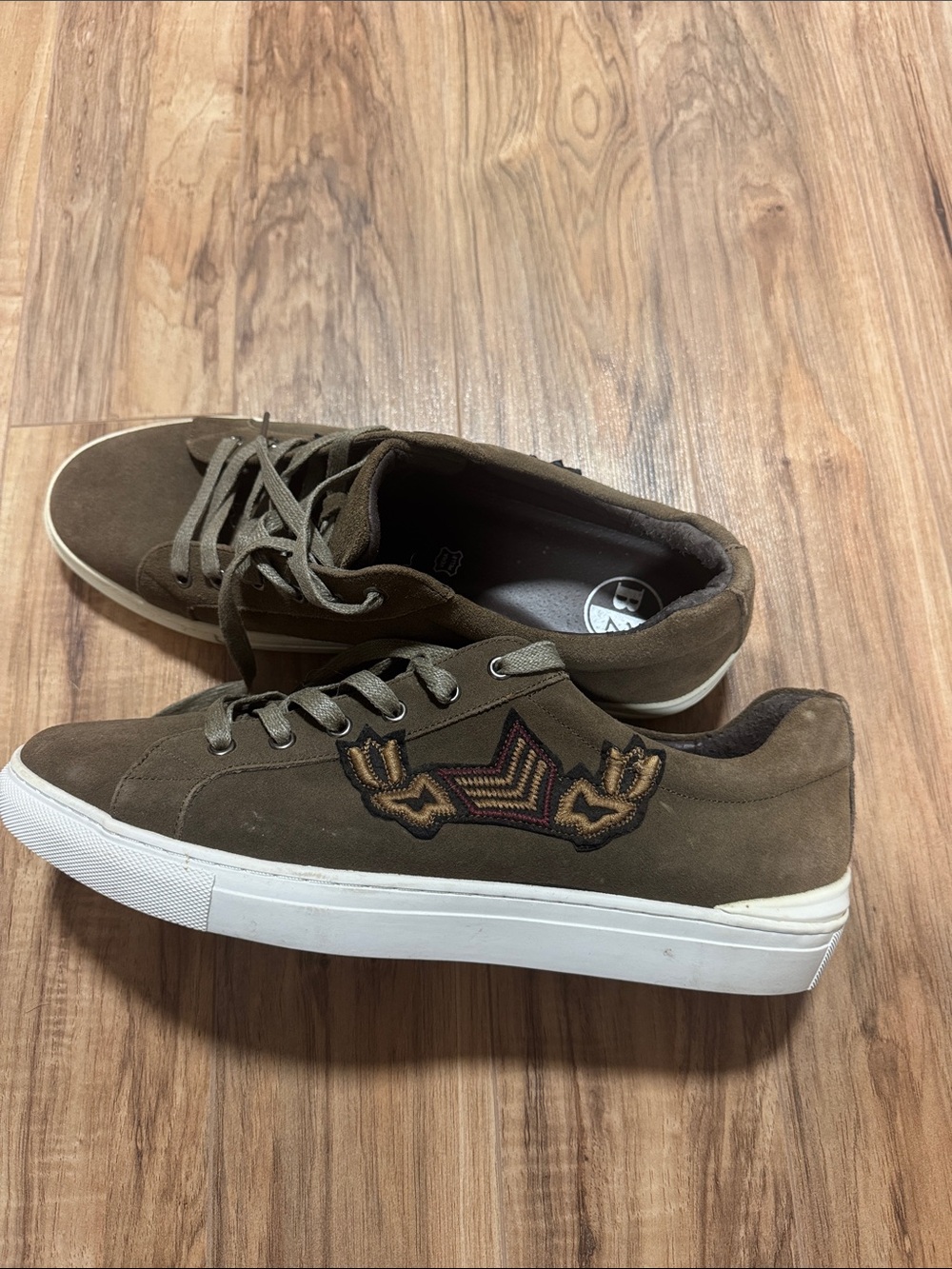 Olive Suede Sneakers with Embroidered Chevron Patch
